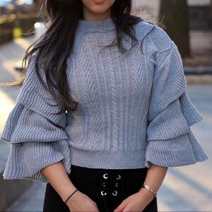 Ruffle Sleeve Grey Thick Cable Sweater Size Medium